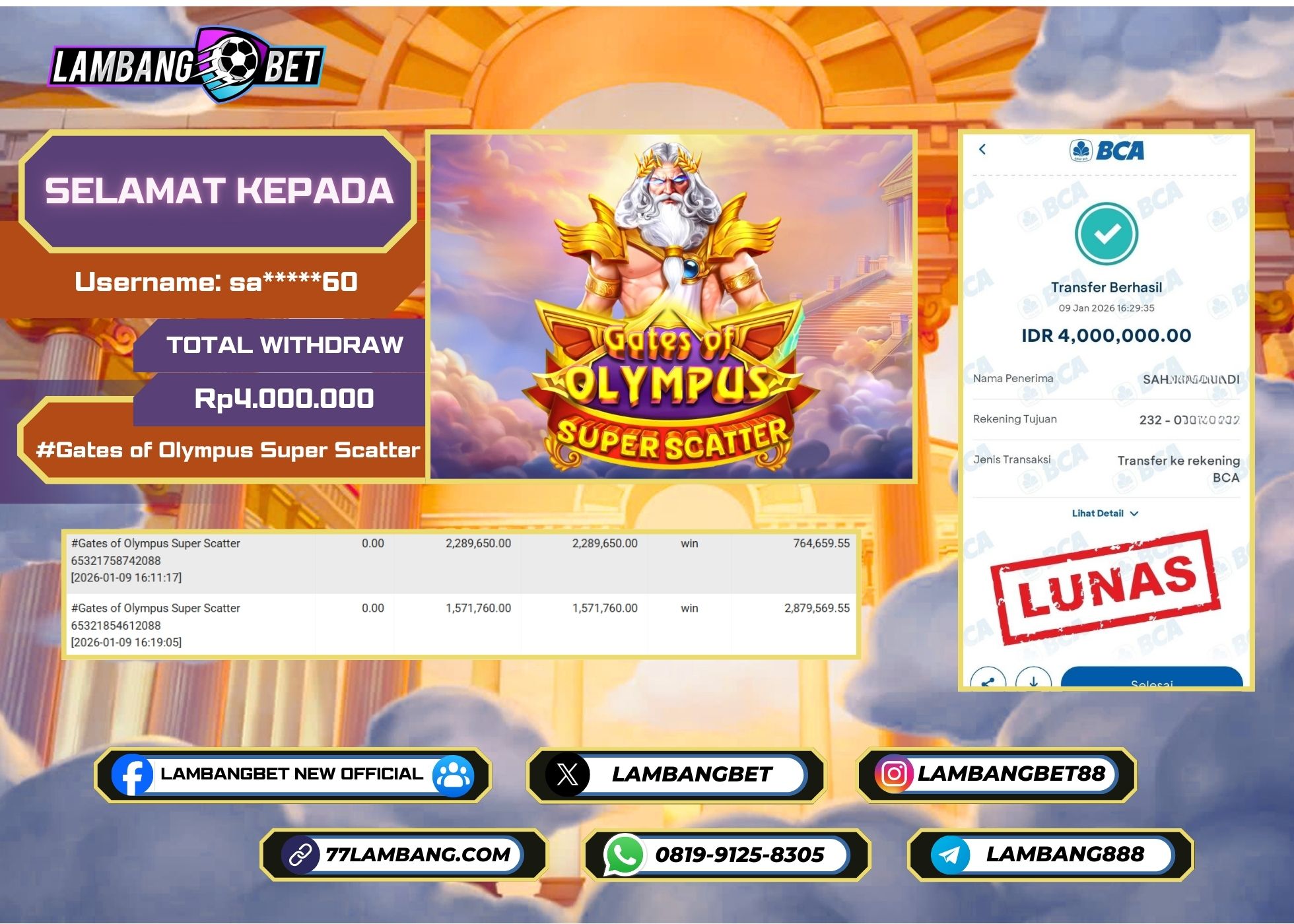 LAMBANGBET [9 JANUARI 2026] JACKPOT SLOT Gates of Olympus Super Scatter "Rp4.000.000" LUNAS